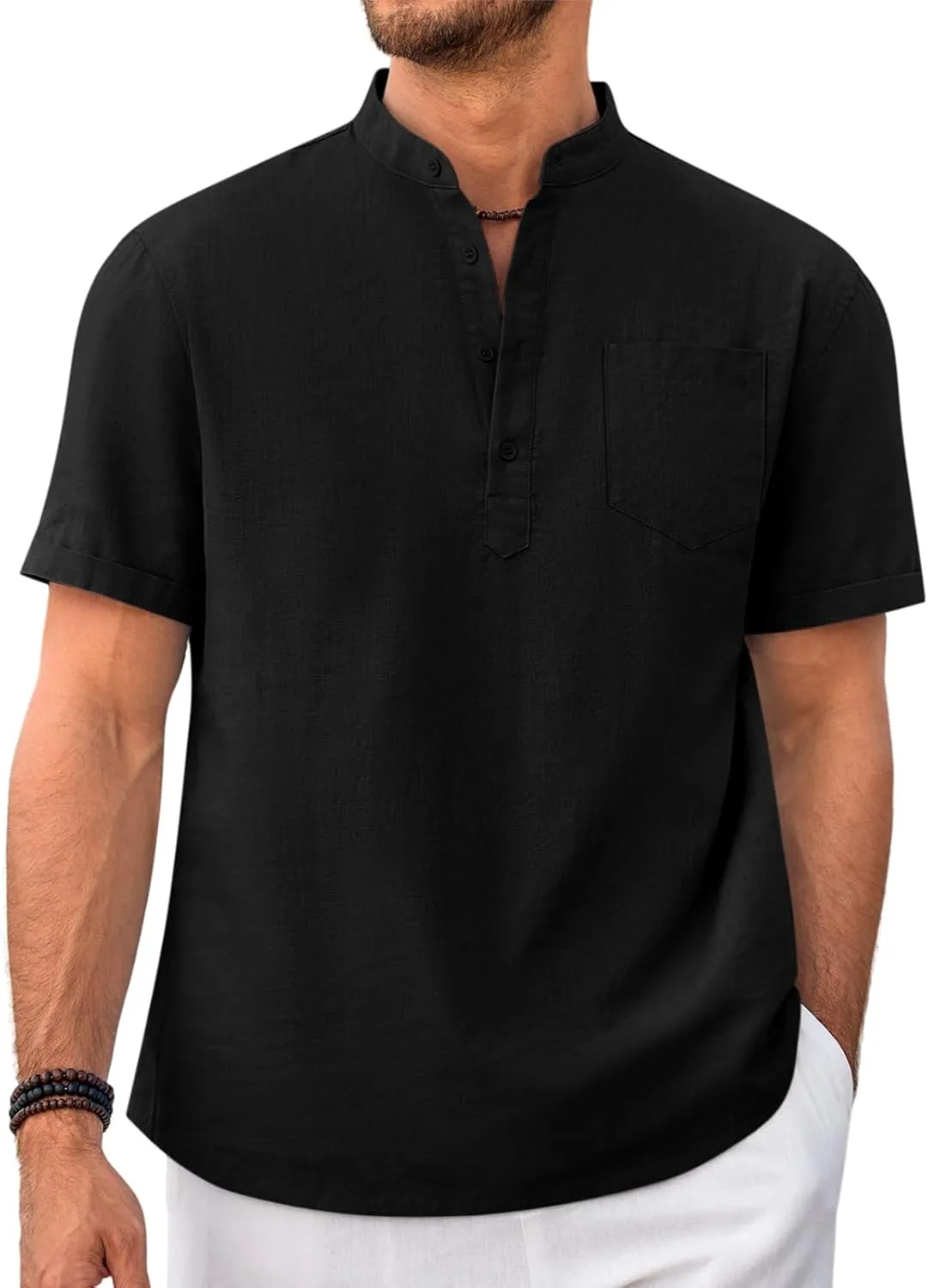 Beotyshow Men 100% Cotton Linen Henley Shirt Casual Short Sleeve Summer T Shirt Pocket Button Tee Top Beach Hippie Shirt