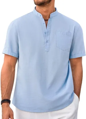 Beotyshow Men 100% Cotton Linen Henley Shirt Casual Short Sleeve Summer T Shirt Pocket Button Tee Top Beach Hippie Shirt