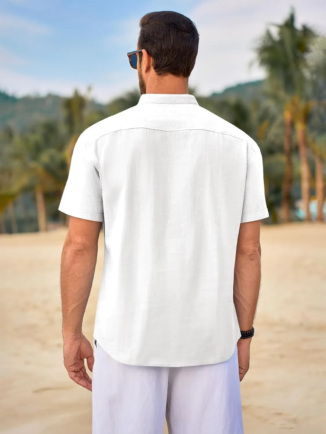 Beotyshow Men 100% Cotton Linen Henley Shirt Casual Short Sleeve Summer T Shirt Pocket Button Tee Top Beach Hippie Shirt