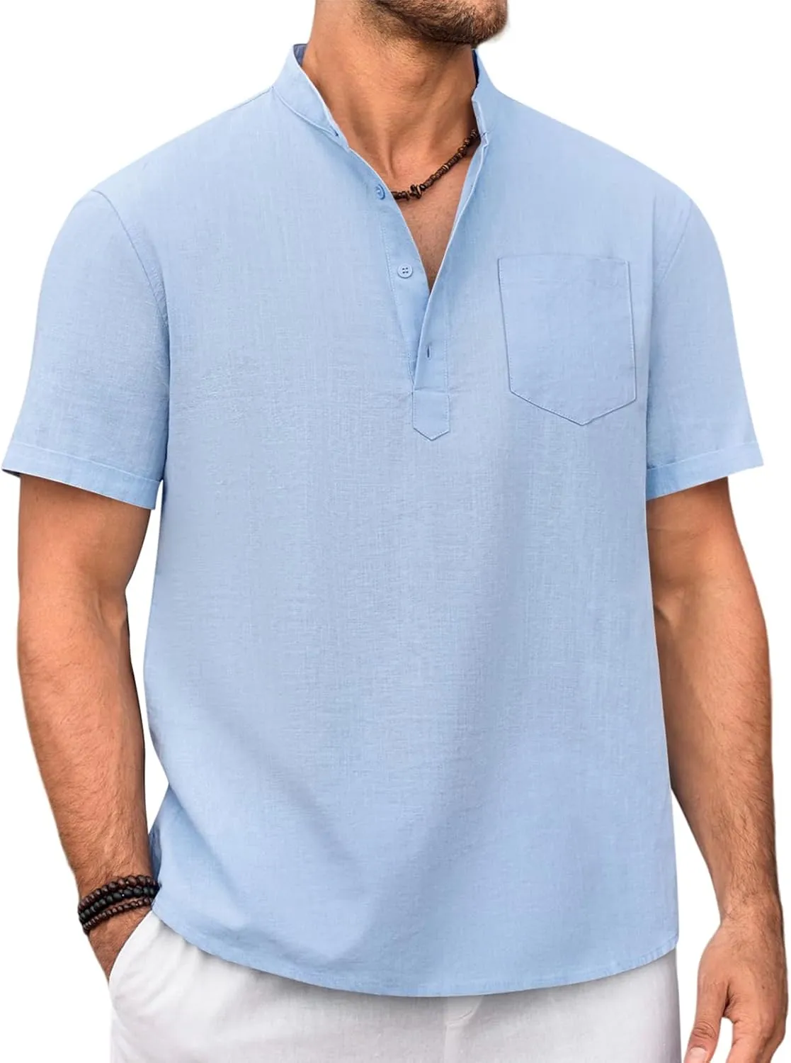 Beotyshow Men 100% Cotton Linen Henley Shirt Casual Short Sleeve Summer T Shirt Pocket Button Tee Top Beach Hippie Shirt