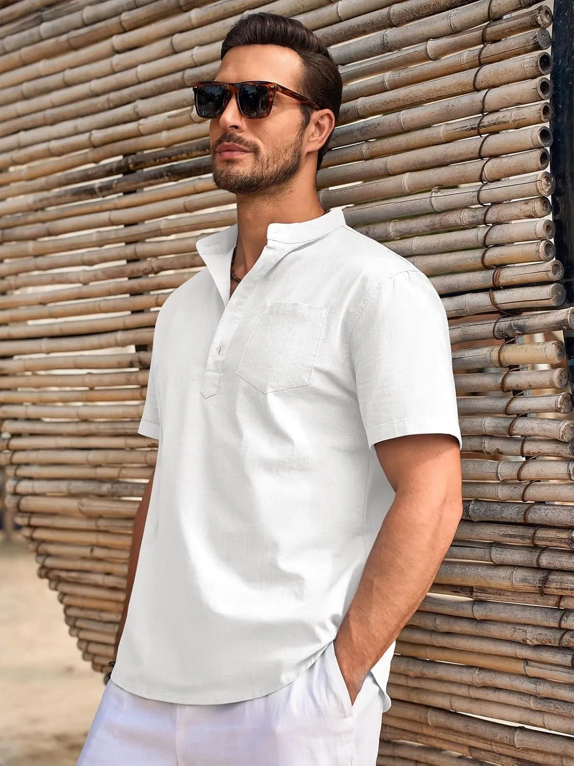 Beotyshow Men 100% Cotton Linen Henley Shirt Casual Short Sleeve Summer T Shirt Pocket Button Tee Top Beach Hippie Shirt