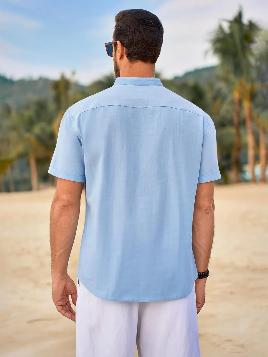 Beotyshow Men 100% Cotton Linen Henley Shirt Casual Short Sleeve Summer T Shirt Pocket Button Tee Top Beach Hippie Shirt
