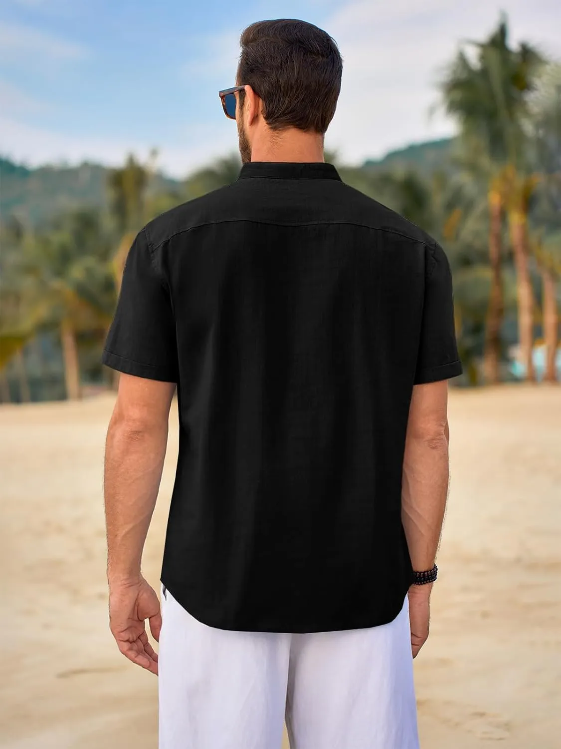 Beotyshow Men 100% Cotton Linen Henley Shirt Casual Short Sleeve Summer T Shirt Pocket Button Tee Top Beach Hippie Shirt