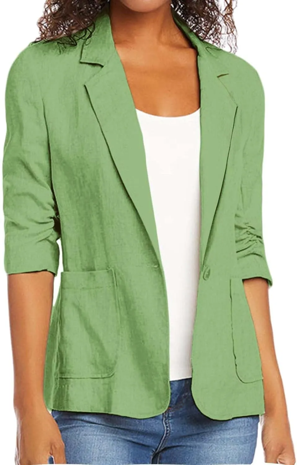 Binmer 2024 Fall Linen Blazer for Women 3/4 Stretchy Ruched Sleeve Suit Jacket Dressy Casual Lightweight Business Work Outfit