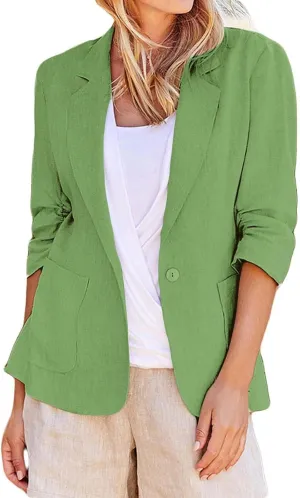 Binmer 2024 Fall Linen Blazer for Women 3/4 Stretchy Ruched Sleeve Suit Jacket Dressy Casual Lightweight Business Work Outfit