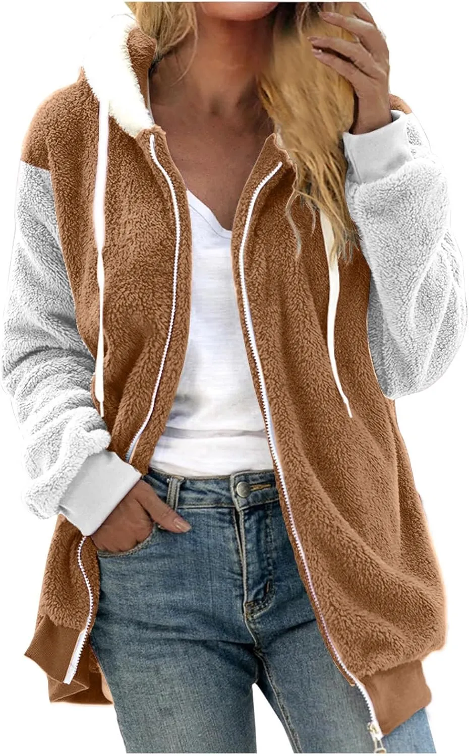 Binmer Womens Warm Fuzzy Zip Up Hoodie Plus Size Sherpa Jacket with Pocket Colorblock Long Sleeve Faux Fur Fleece Winter Coat