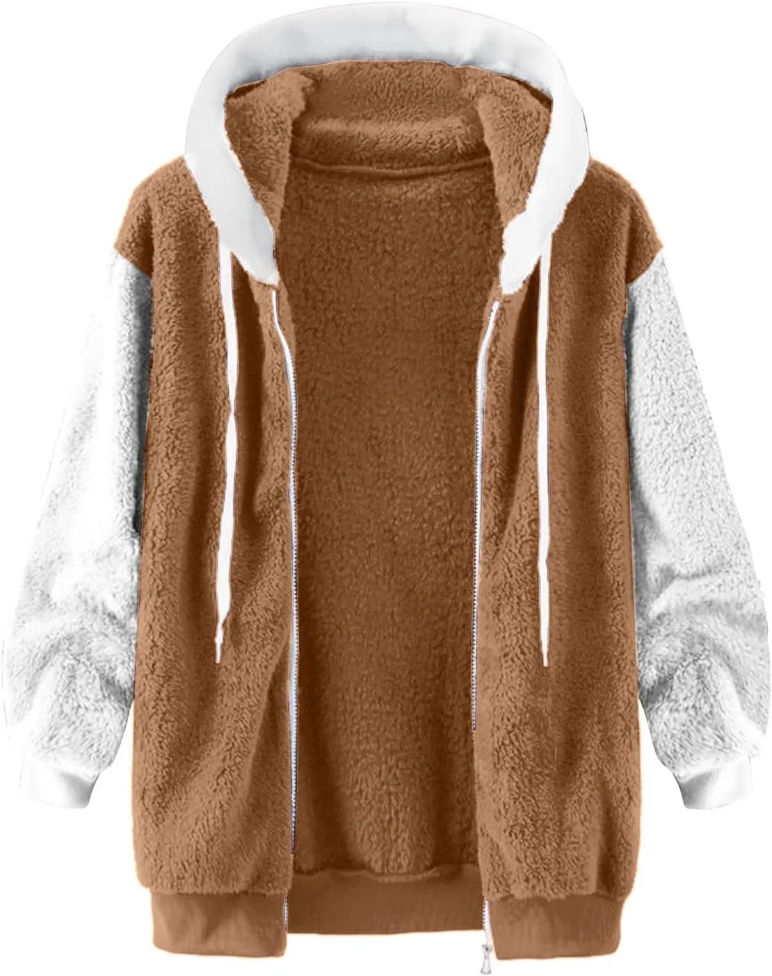 Binmer Womens Warm Fuzzy Zip Up Hoodie Plus Size Sherpa Jacket with Pocket Colorblock Long Sleeve Faux Fur Fleece Winter Coat