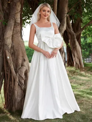 Bow Front Square Neck Sleeveless Satin Wedding Dresses
