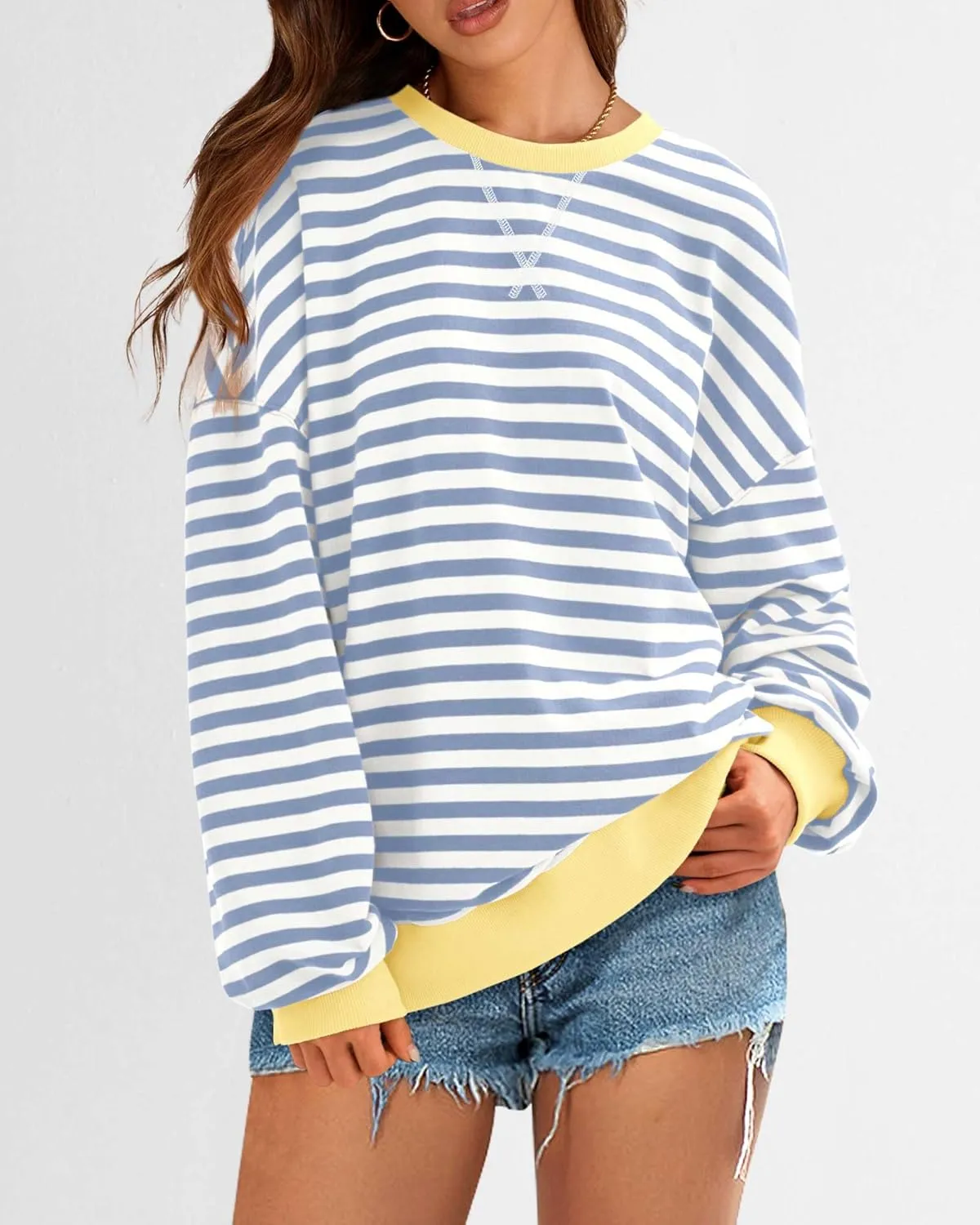BTFBM Womens Striped Pullover Tops Spring Fall Clothes 2025 Long Sleeve Shirts Trendy Crew Neck Loose Y2K Sweatshirts