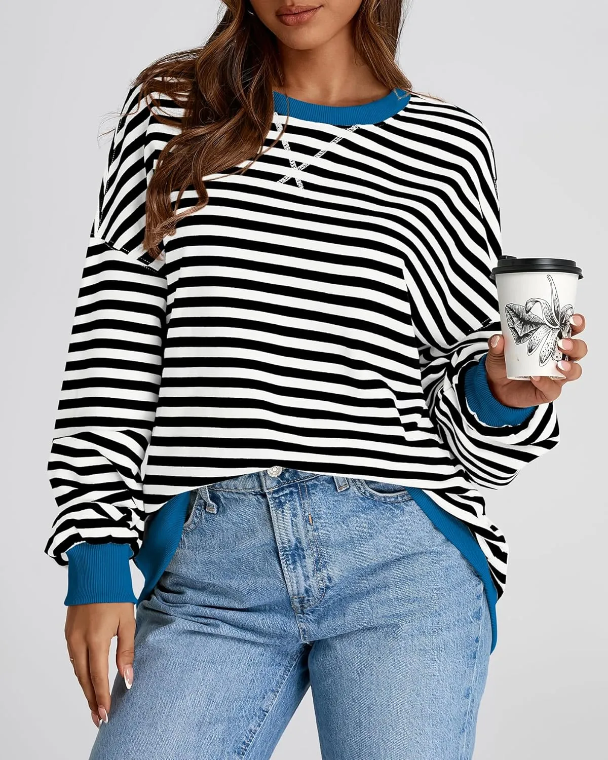 BTFBM Womens Striped Pullover Tops Spring Fall Clothes 2025 Long Sleeve Shirts Trendy Crew Neck Loose Y2K Sweatshirts