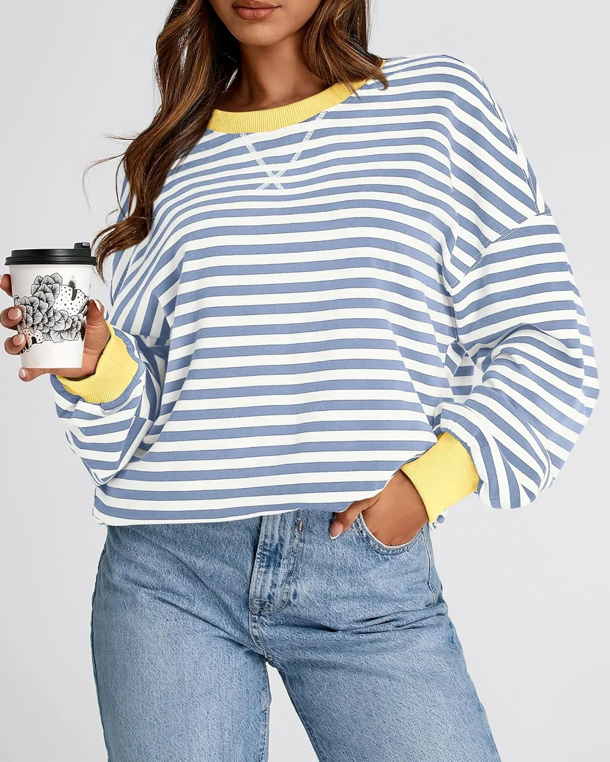 BTFBM Womens Striped Pullover Tops Spring Fall Clothes 2025 Long Sleeve Shirts Trendy Crew Neck Loose Y2K Sweatshirts