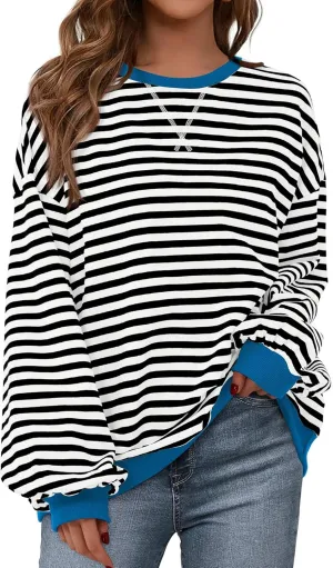 BTFBM Womens Striped Pullover Tops Spring Fall Clothes 2025 Long Sleeve Shirts Trendy Crew Neck Loose Y2K Sweatshirts