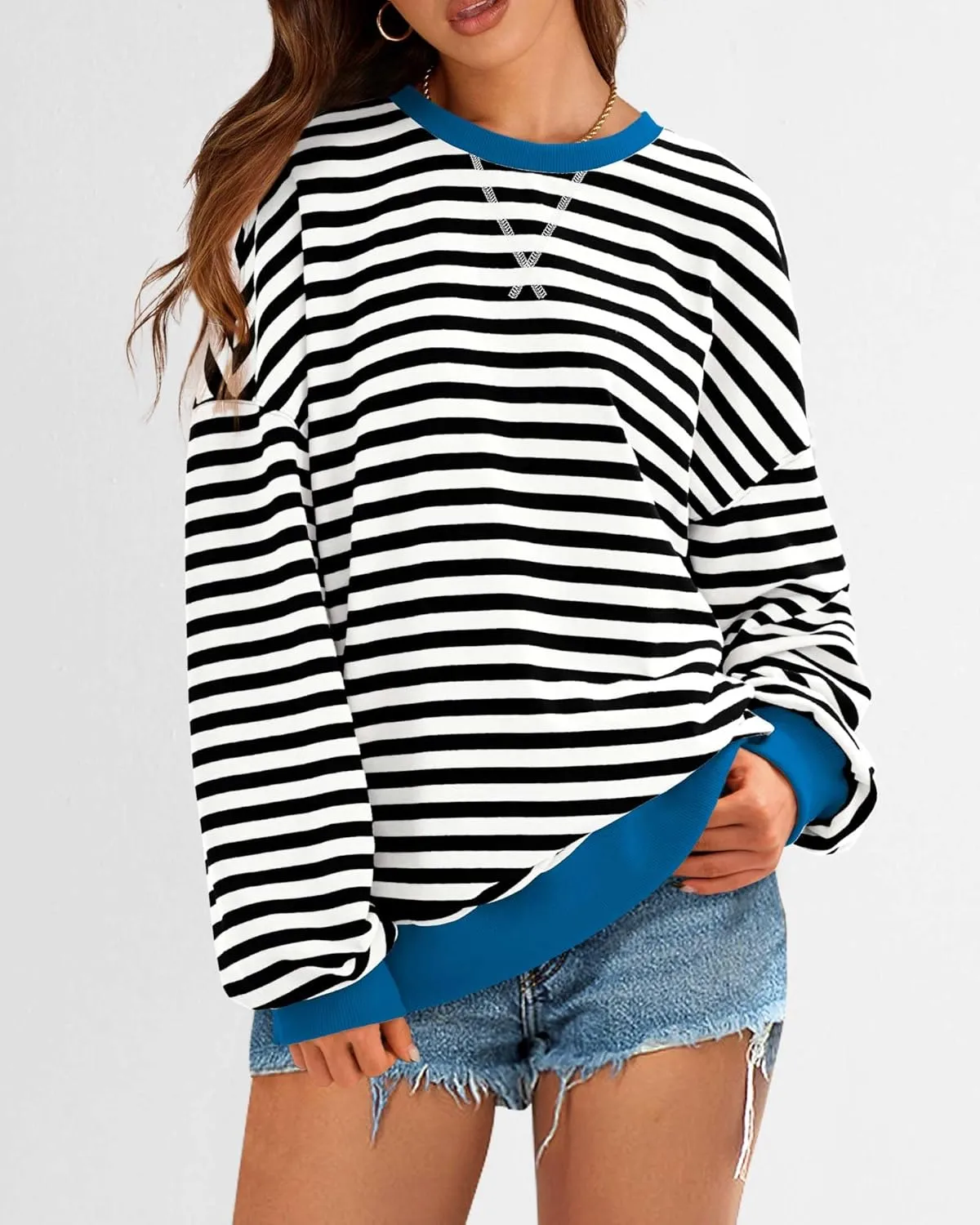 BTFBM Womens Striped Pullover Tops Spring Fall Clothes 2025 Long Sleeve Shirts Trendy Crew Neck Loose Y2K Sweatshirts