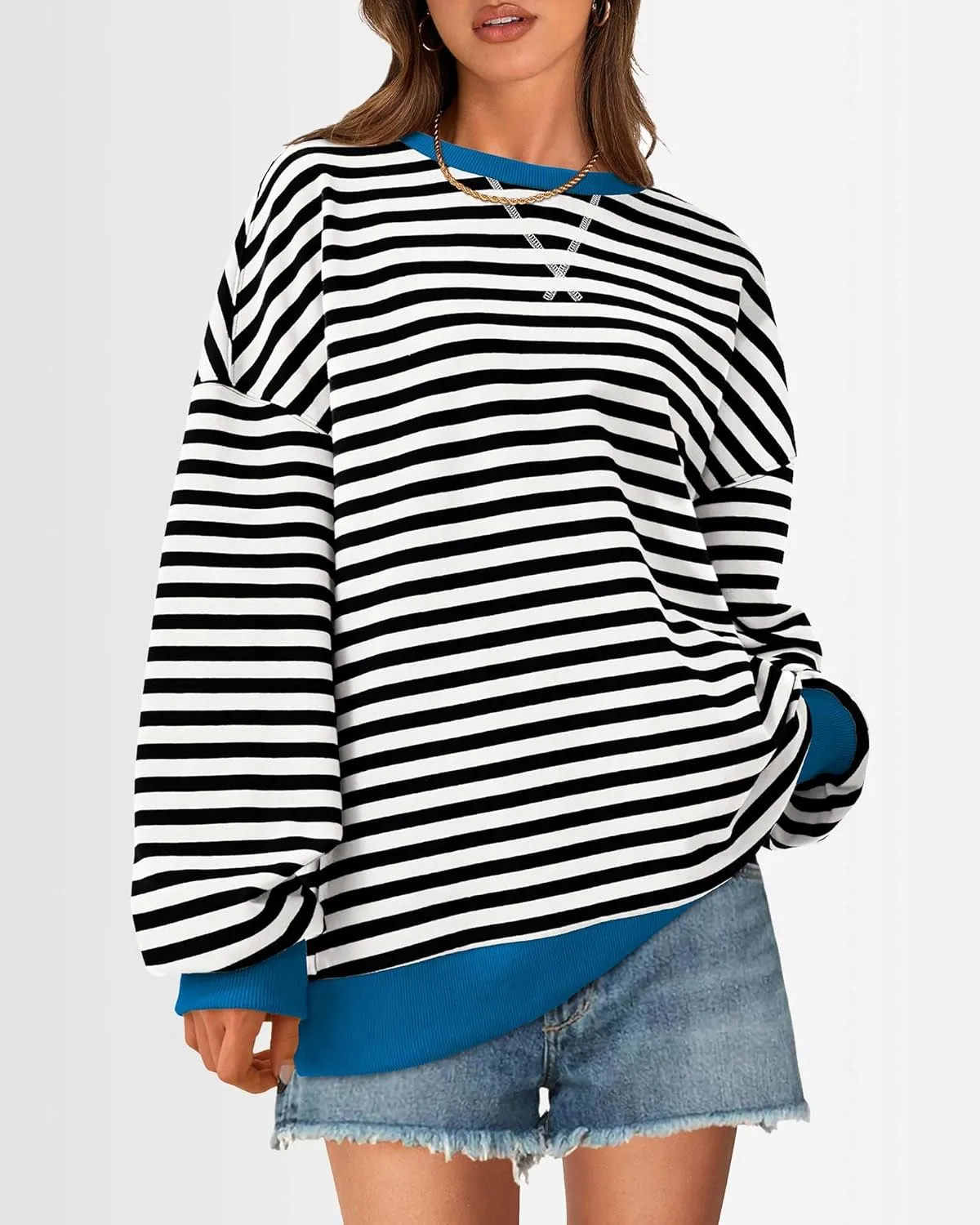 BTFBM Womens Striped Pullover Tops Spring Fall Clothes 2025 Long Sleeve Shirts Trendy Crew Neck Loose Y2K Sweatshirts