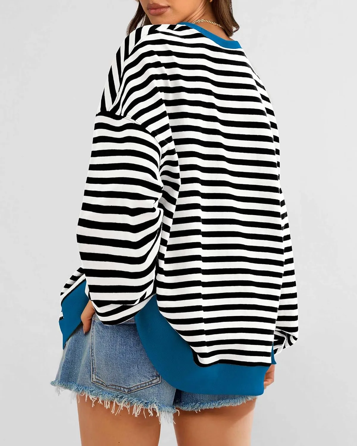 BTFBM Womens Striped Pullover Tops Spring Fall Clothes 2025 Long Sleeve Shirts Trendy Crew Neck Loose Y2K Sweatshirts