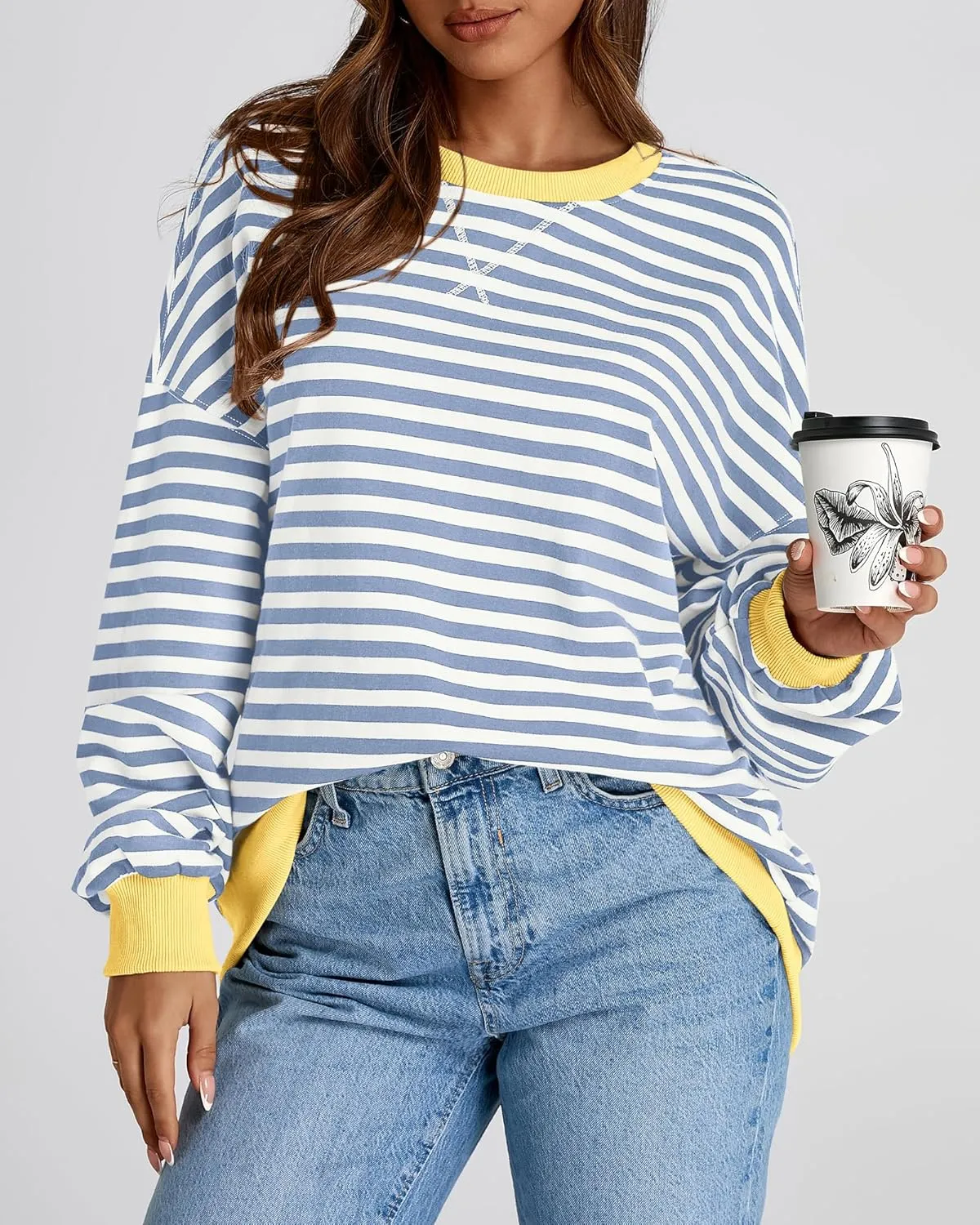 BTFBM Womens Striped Pullover Tops Spring Fall Clothes 2025 Long Sleeve Shirts Trendy Crew Neck Loose Y2K Sweatshirts