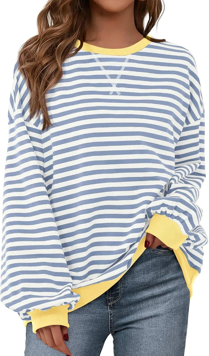 BTFBM Womens Striped Pullover Tops Spring Fall Clothes 2025 Long Sleeve Shirts Trendy Crew Neck Loose Y2K Sweatshirts