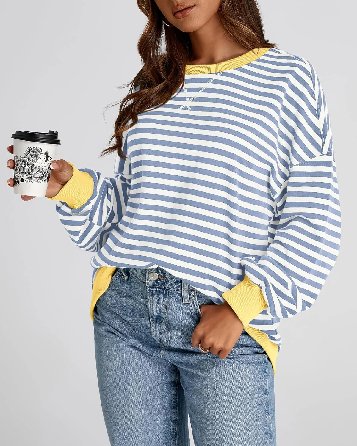 BTFBM Womens Striped Pullover Tops Spring Fall Clothes 2025 Long Sleeve Shirts Trendy Crew Neck Loose Y2K Sweatshirts