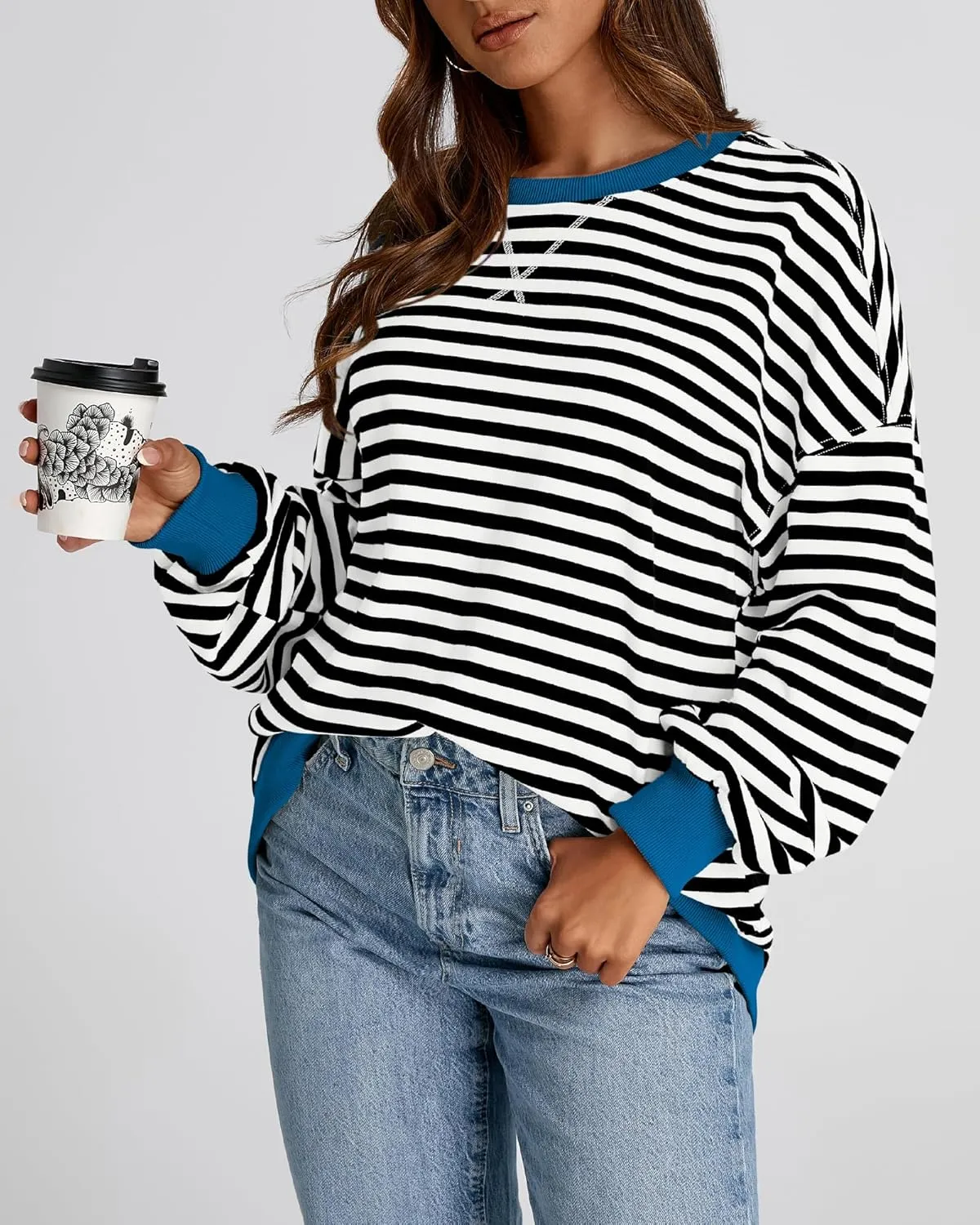 BTFBM Womens Striped Pullover Tops Spring Fall Clothes 2025 Long Sleeve Shirts Trendy Crew Neck Loose Y2K Sweatshirts