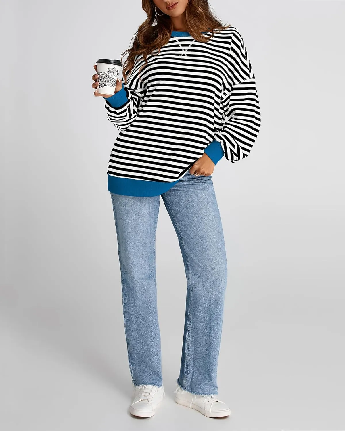 BTFBM Womens Striped Pullover Tops Spring Fall Clothes 2025 Long Sleeve Shirts Trendy Crew Neck Loose Y2K Sweatshirts