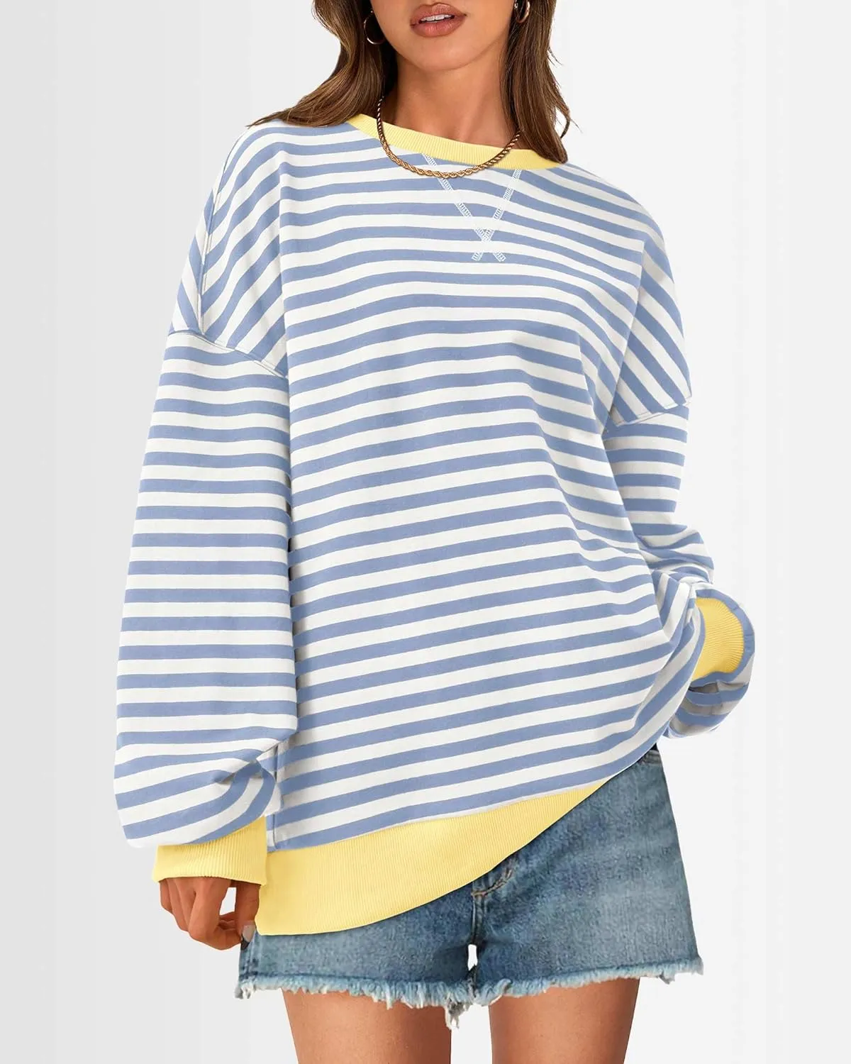 BTFBM Womens Striped Pullover Tops Spring Fall Clothes 2025 Long Sleeve Shirts Trendy Crew Neck Loose Y2K Sweatshirts