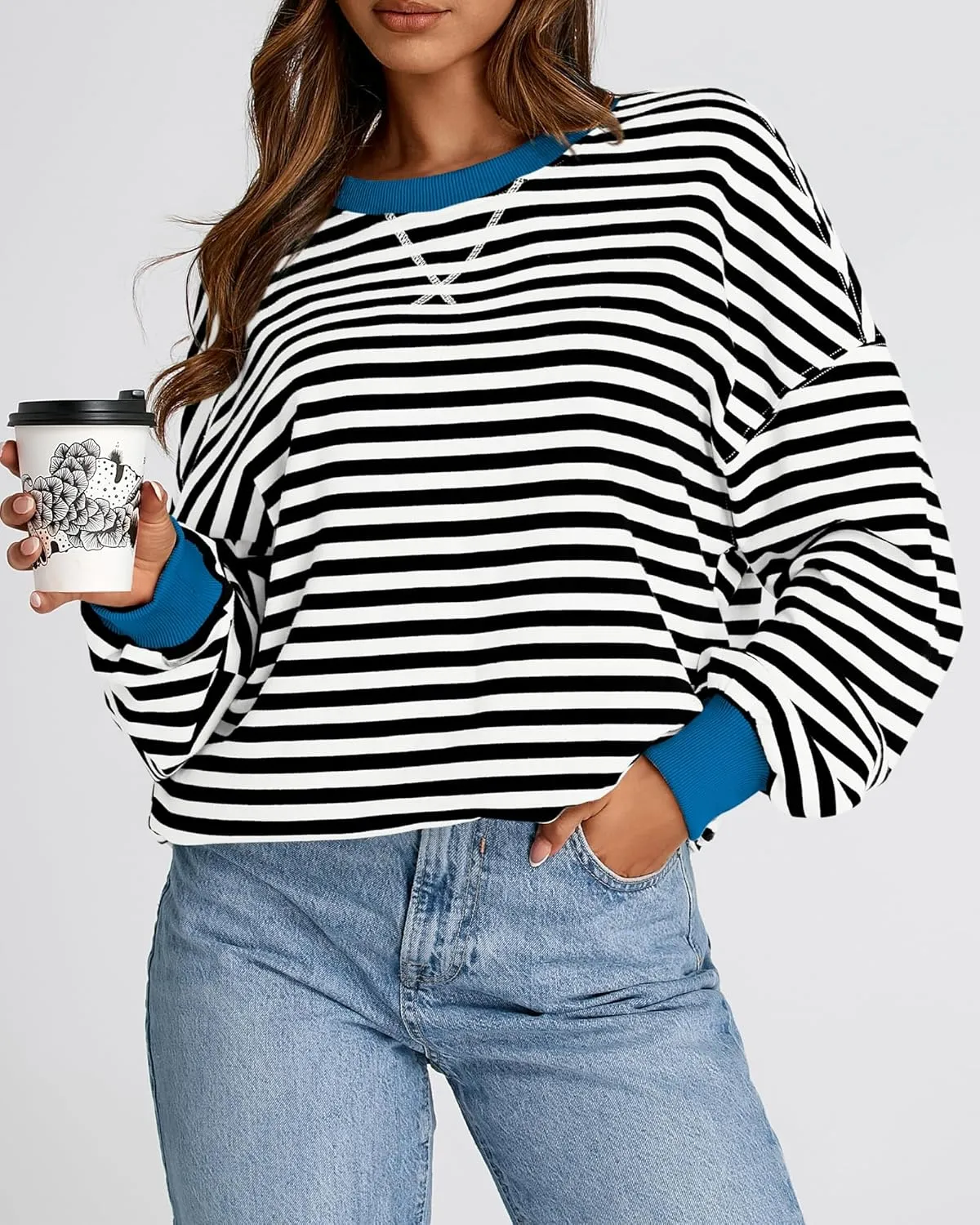 BTFBM Womens Striped Pullover Tops Spring Fall Clothes 2025 Long Sleeve Shirts Trendy Crew Neck Loose Y2K Sweatshirts