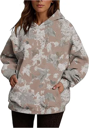 Camo Hoodie for Women Men Long Sleeve Maple Leaf Print Fleece Hoodies Oversized Hooded Sweatshirt Pullover with Pocket