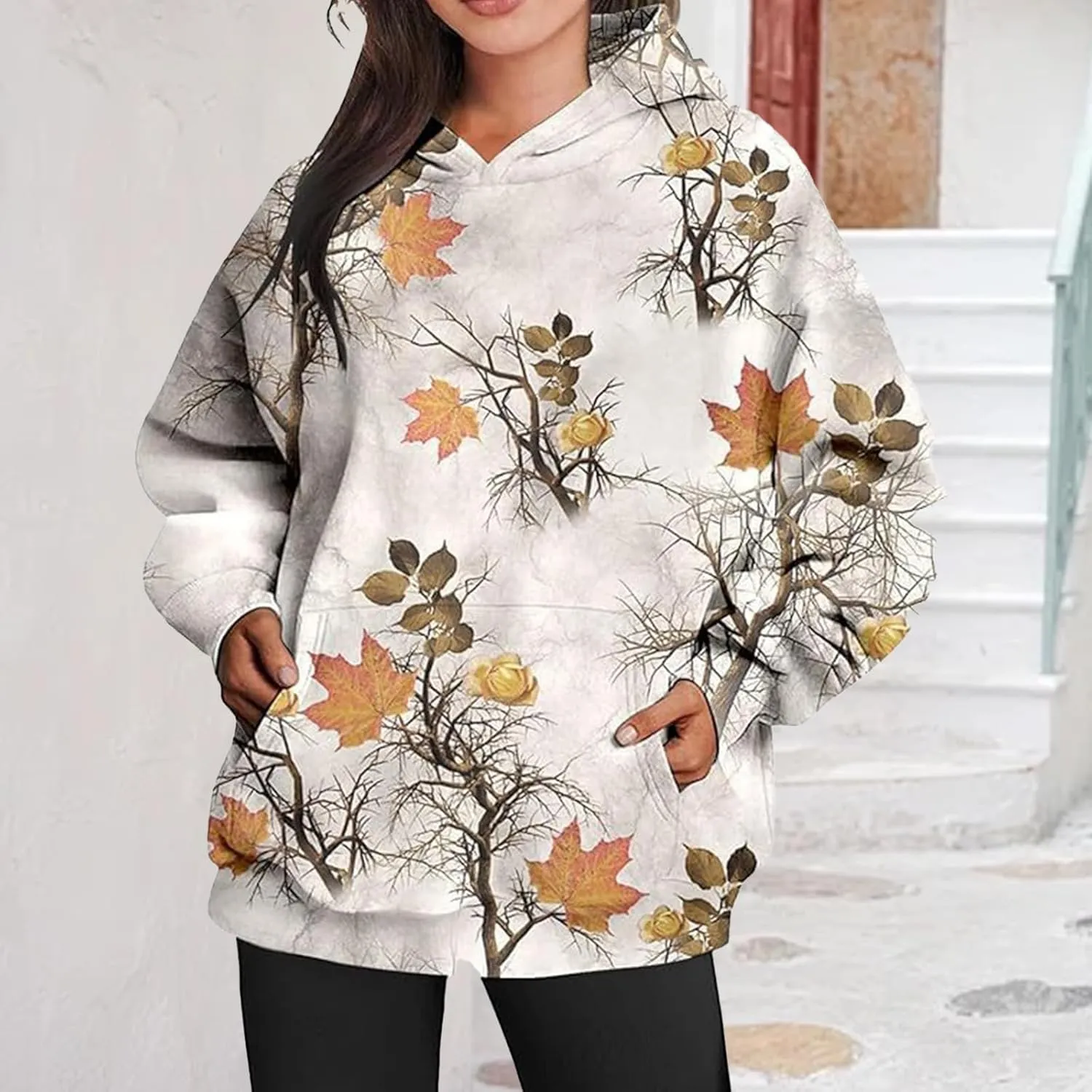 Camo Hoodie Womens Maple Leaf Print Pullover Oversized Hooded Sweatshirt Casual Loose Fit Long Sleeve Sweatshirts