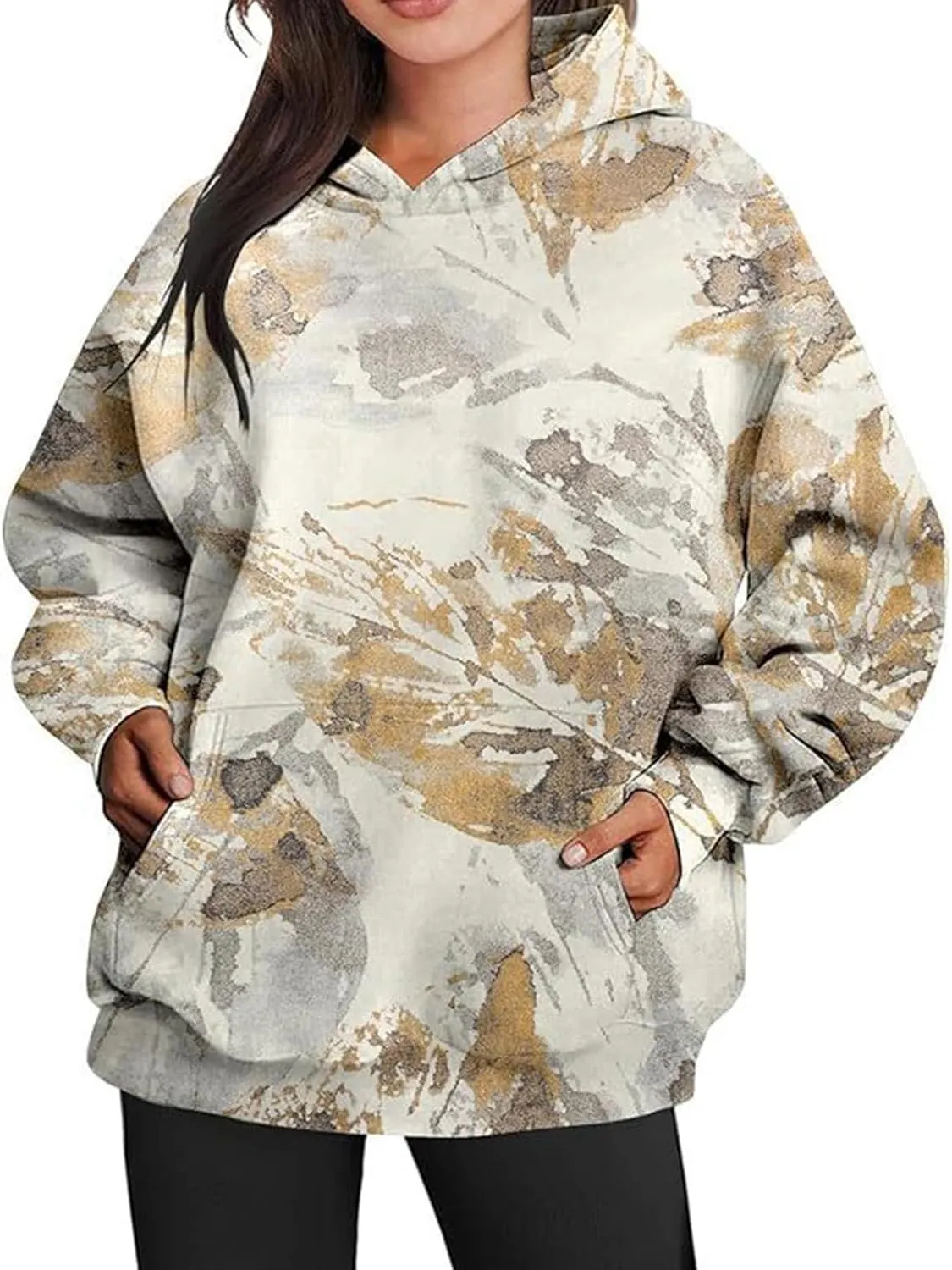 Camo Hoodie Womens Maple Leaf Print Pullover Oversized Hooded Sweatshirt Casual Loose Fit Long Sleeve Sweatshirts