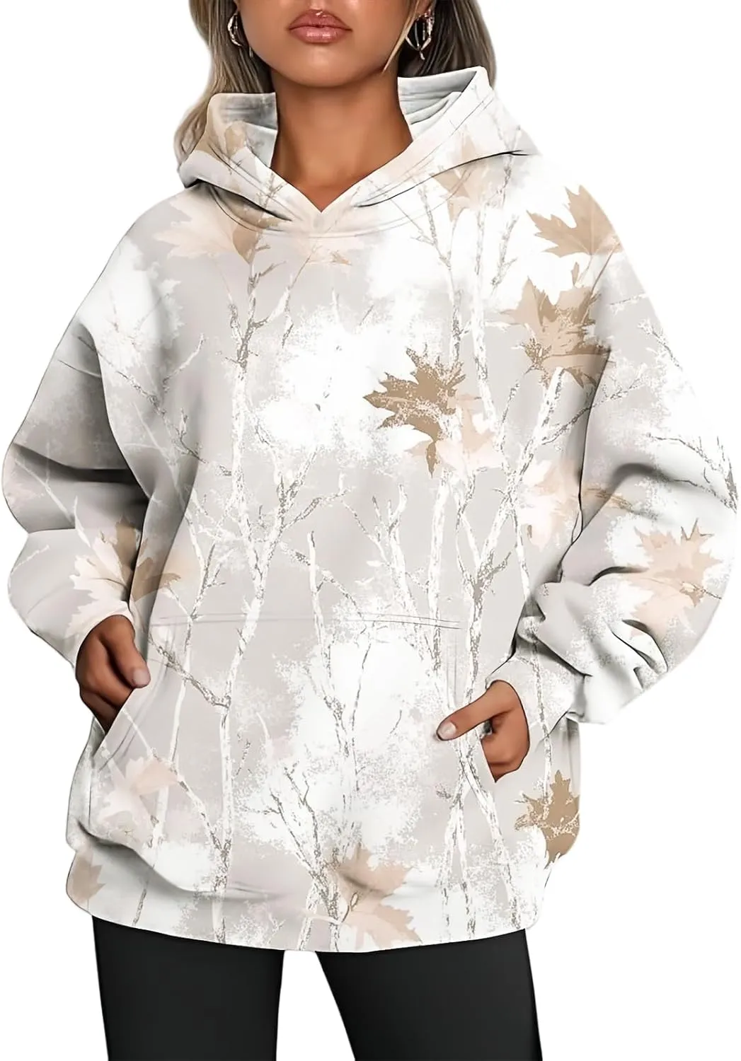 Camo Hoodie Womens Maple Leaf Print Pullover Oversized Hooded Sweatshirt Casual Loose Fit Long Sleeve Sweatshirts