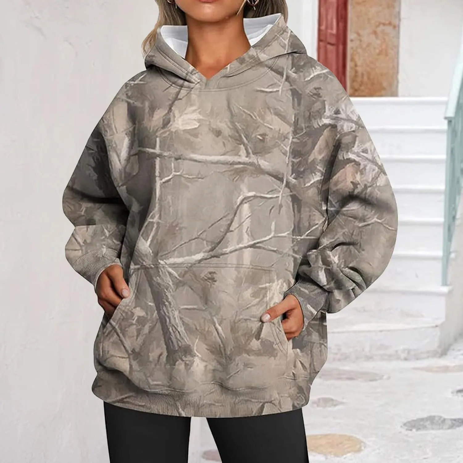 Camo Hoodie Womens Maple Leaf Print Pullover Oversized Hooded Sweatshirt Casual Loose Fit Long Sleeve Sweatshirts