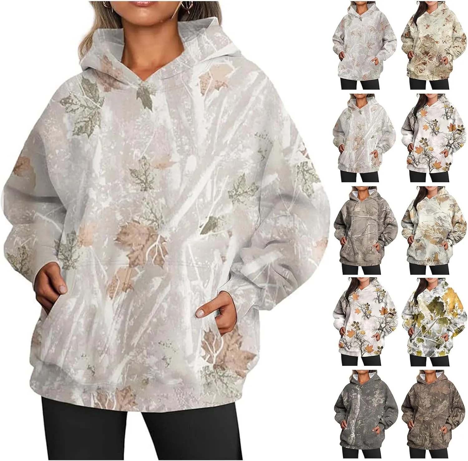 Camo Hoodie Womens Maple Leaf Print Pullover Oversized Hooded Sweatshirt Casual Loose Fit Long Sleeve Sweatshirts