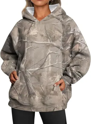 Camo Hoodie Womens Maple Leaf Print Pullover Oversized Hooded Sweatshirt Casual Loose Fit Long Sleeve Sweatshirts