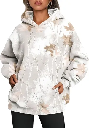 Camo Hoodie Womens Maple Leaf Print Pullover Oversized Hooded Sweatshirt Casual Loose Fit Long Sleeve Sweatshirts