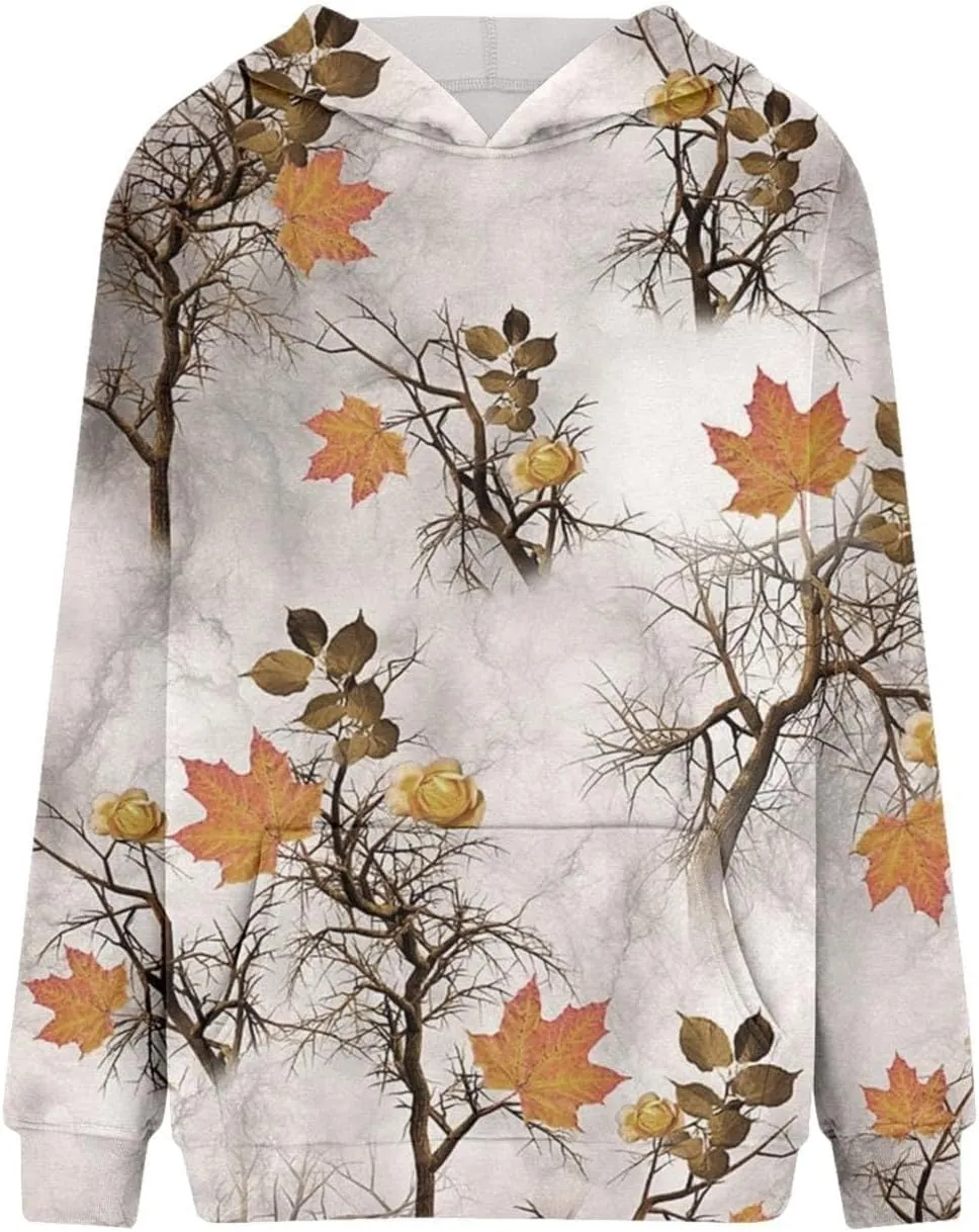 Camo Hoodie Womens Maple Leaf Print Pullover Oversized Hooded Sweatshirt Casual Loose Fit Long Sleeve Sweatshirts
