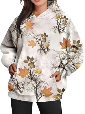 Camo Hoodie Womens Maple Leaf Print Pullover Oversized Hooded Sweatshirt Casual Loose Fit Long Sleeve Sweatshirts