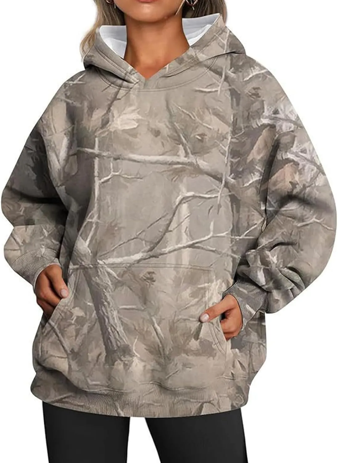 Camo Hoodie Womens Maple Leaf Print Pullover Oversized Hooded Sweatshirt Casual Loose Fit Long Sleeve Sweatshirts