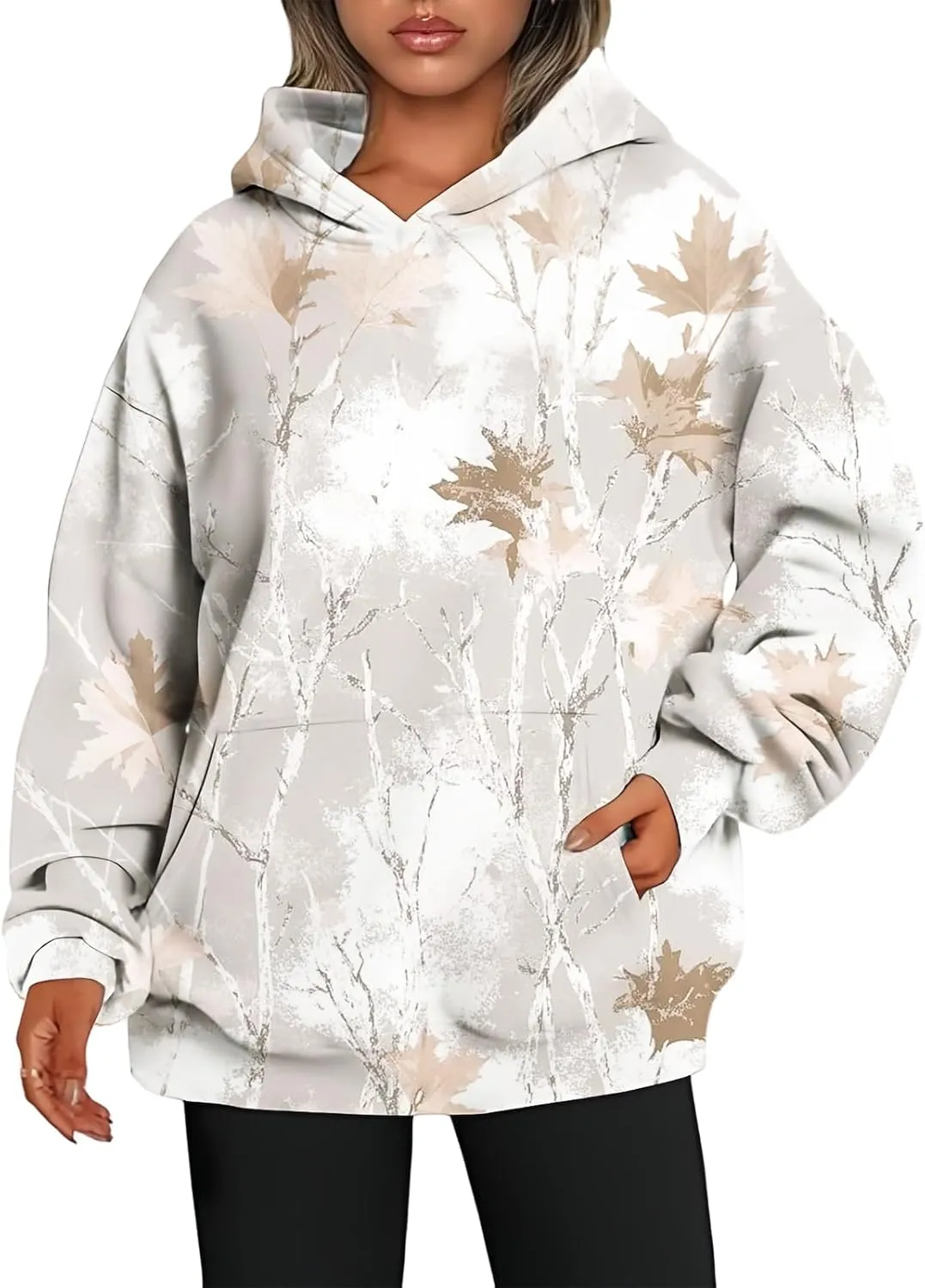 Camo Hoodie Womens Maple Leaf Print Pullover Oversized Hooded Sweatshirt Casual Loose Fit Long Sleeve Sweatshirts