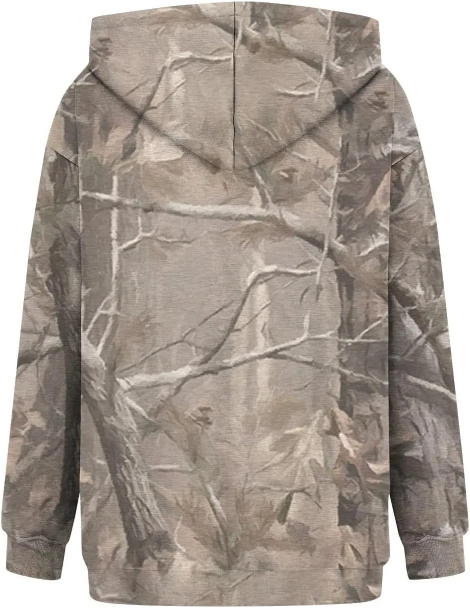 Camo Hoodie Womens Maple Leaf Print Pullover Oversized Hooded Sweatshirt Casual Loose Fit Long Sleeve Sweatshirts