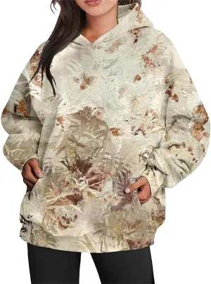 Camo Hoodie Womens Trendy Maple Leaf Print Oversized Pullover Hooded Sweatshirts with Kangaroo Pocket Tops