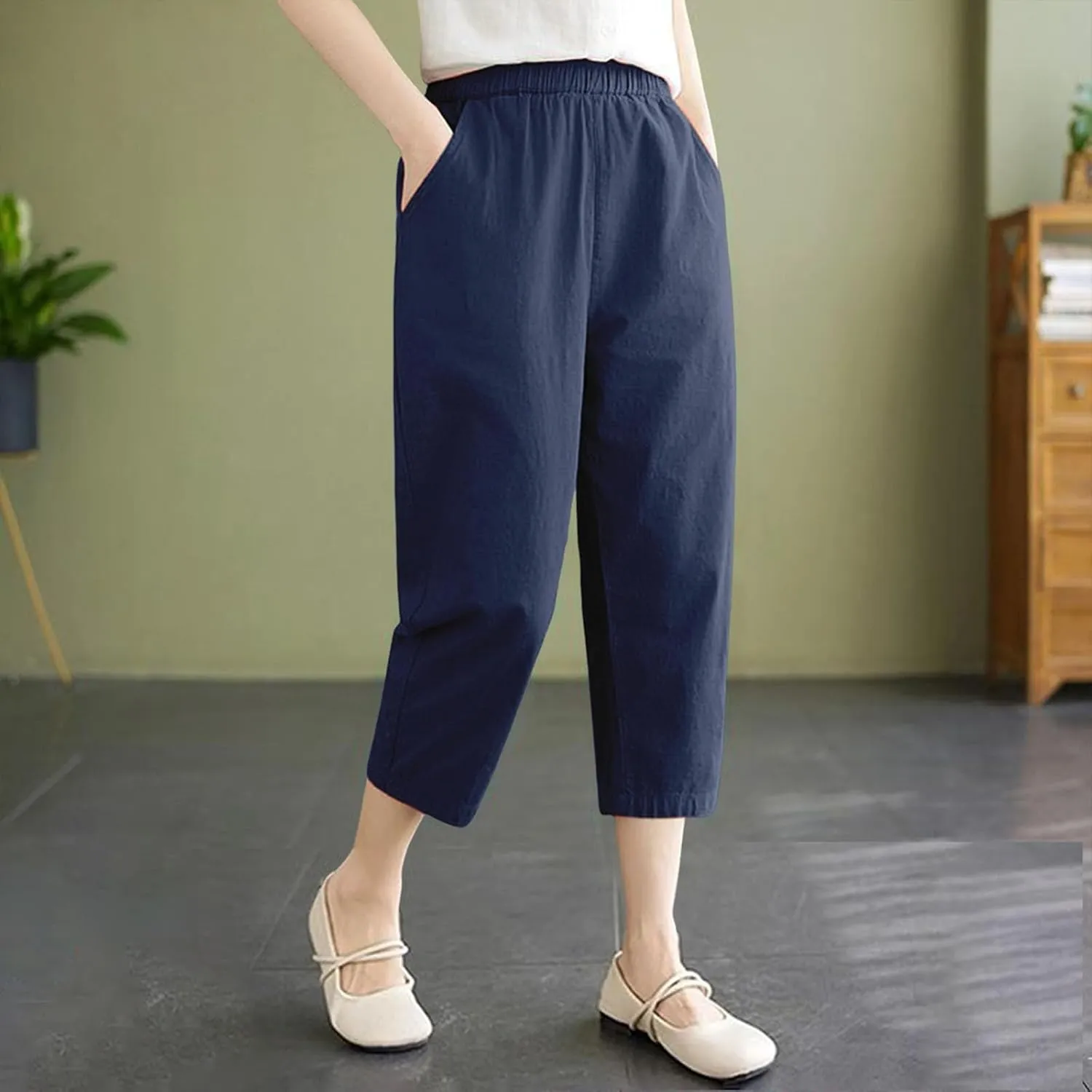 Capri Pants for Women Summer Casual Lounge Pant with Pockets Cropped Cotton Linen Loose Drawstring Baggy Trousers