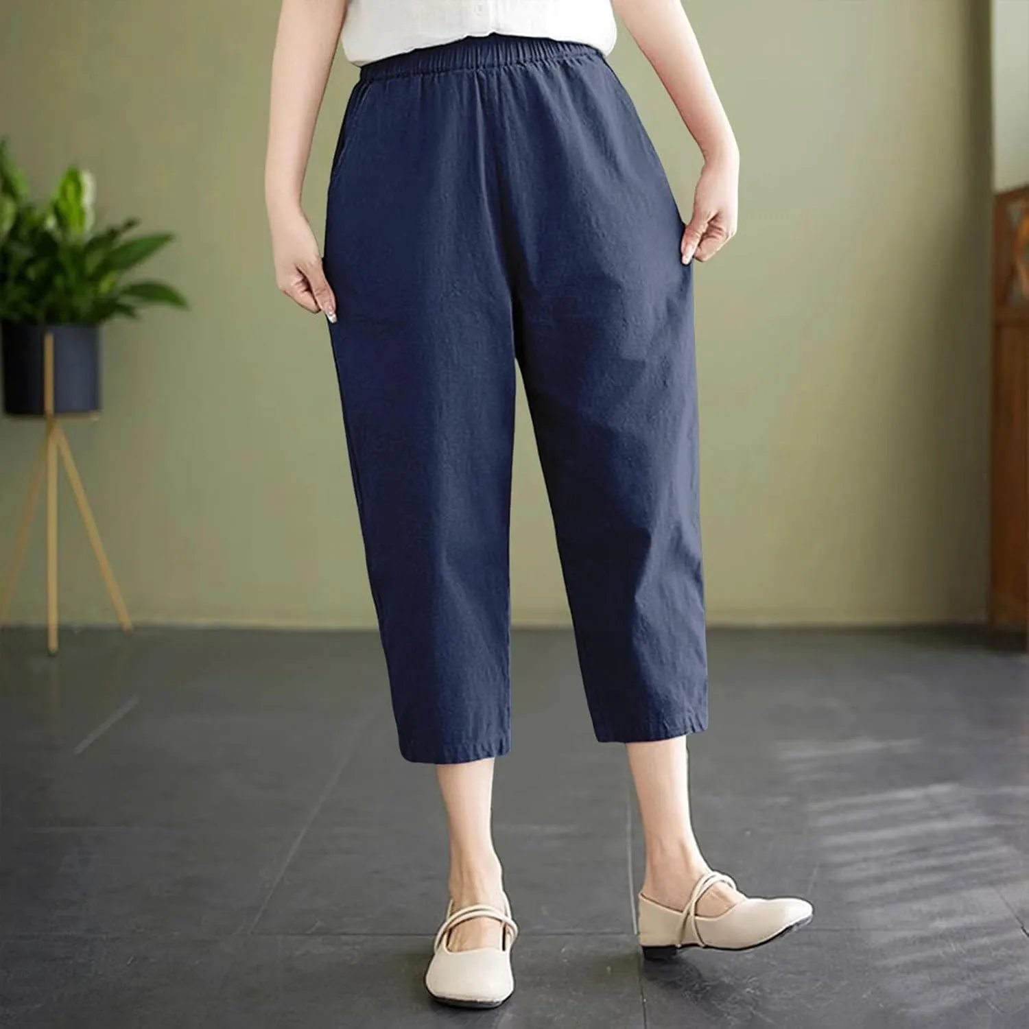 Capri Pants for Women Summer Casual Lounge Pant with Pockets Cropped Cotton Linen Loose Drawstring Baggy Trousers