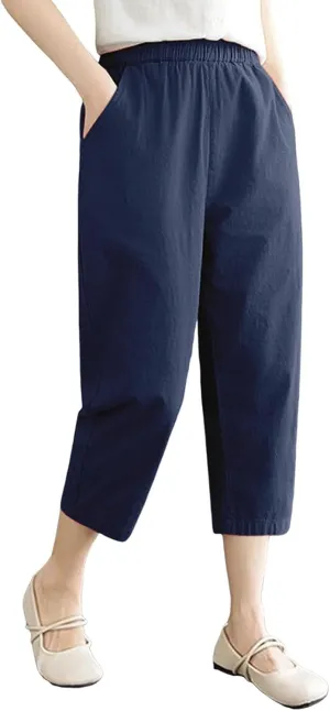 Capri Pants for Women Summer Casual Lounge Pant with Pockets Cropped Cotton Linen Loose Drawstring Baggy Trousers