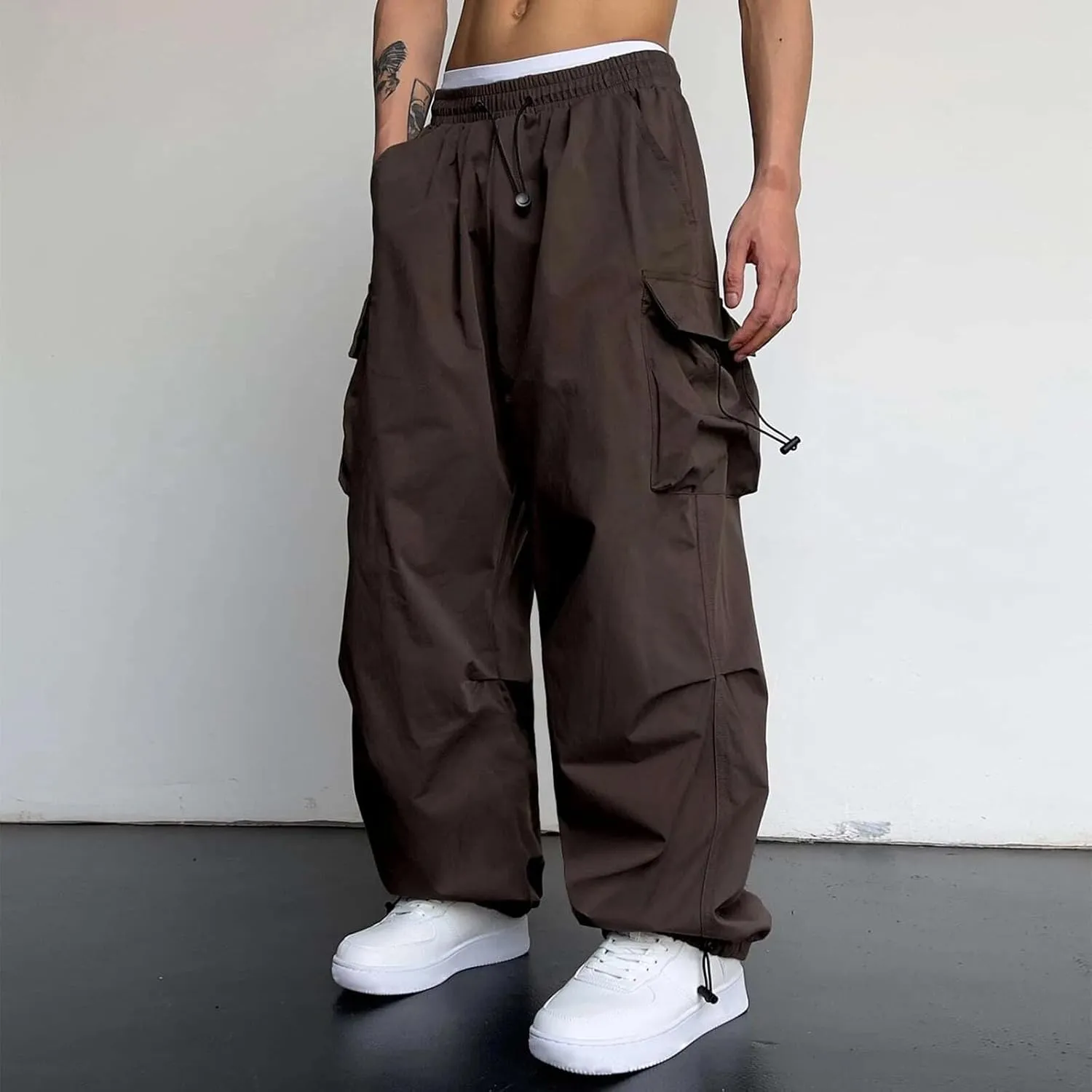 Cargo Pants for Men, Loose Fit Baggy Sweatpants, Casual Solid Color Pants with Pockets, Outdoor Drawstring Trousers