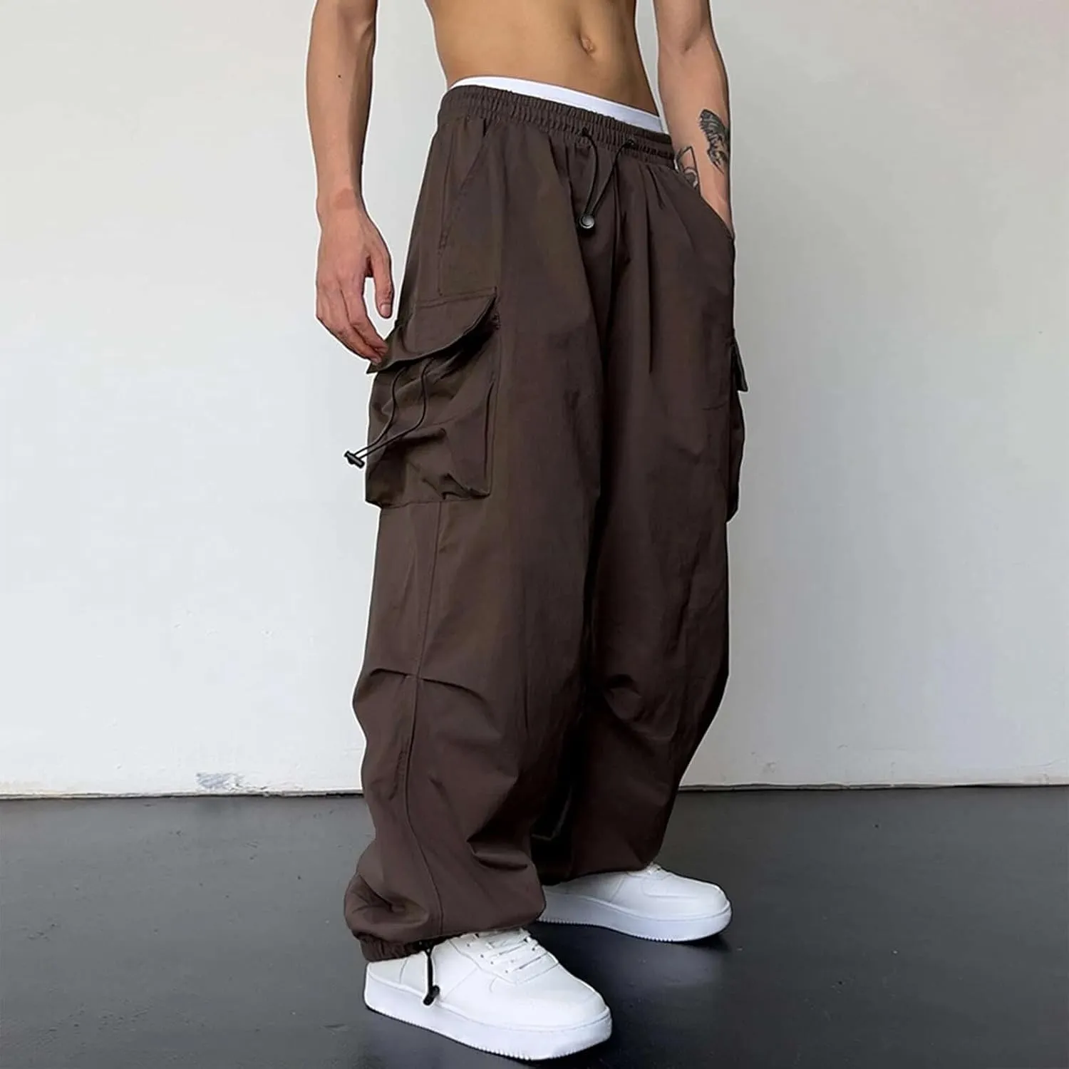 Cargo Pants for Men, Loose Fit Baggy Sweatpants, Casual Solid Color Pants with Pockets, Outdoor Drawstring Trousers