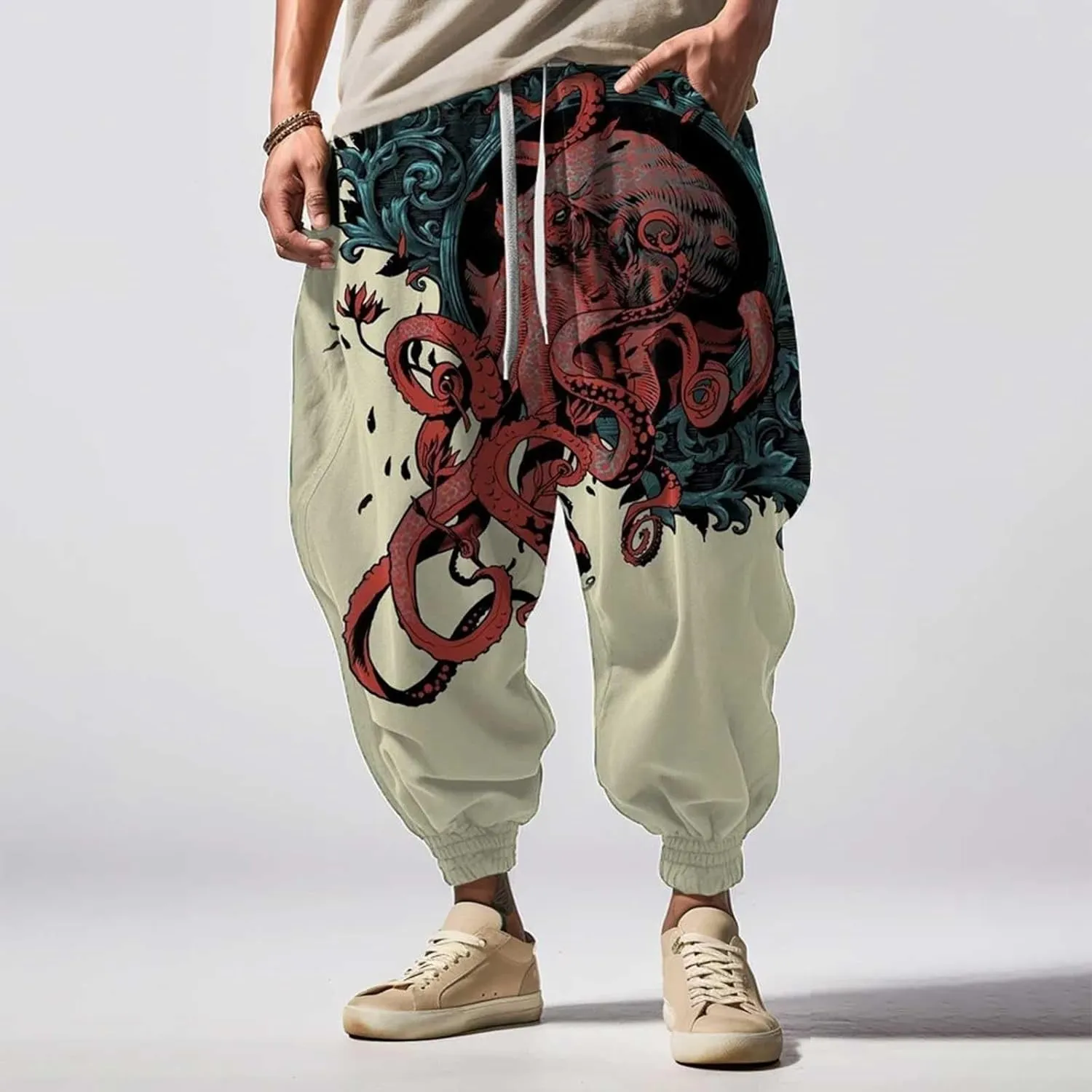 Casual Harem Linen Japanese Yoga Street Feel Casual Sweatpants Mens Drawstring Aladdil Hippih Harem Pants Hakama