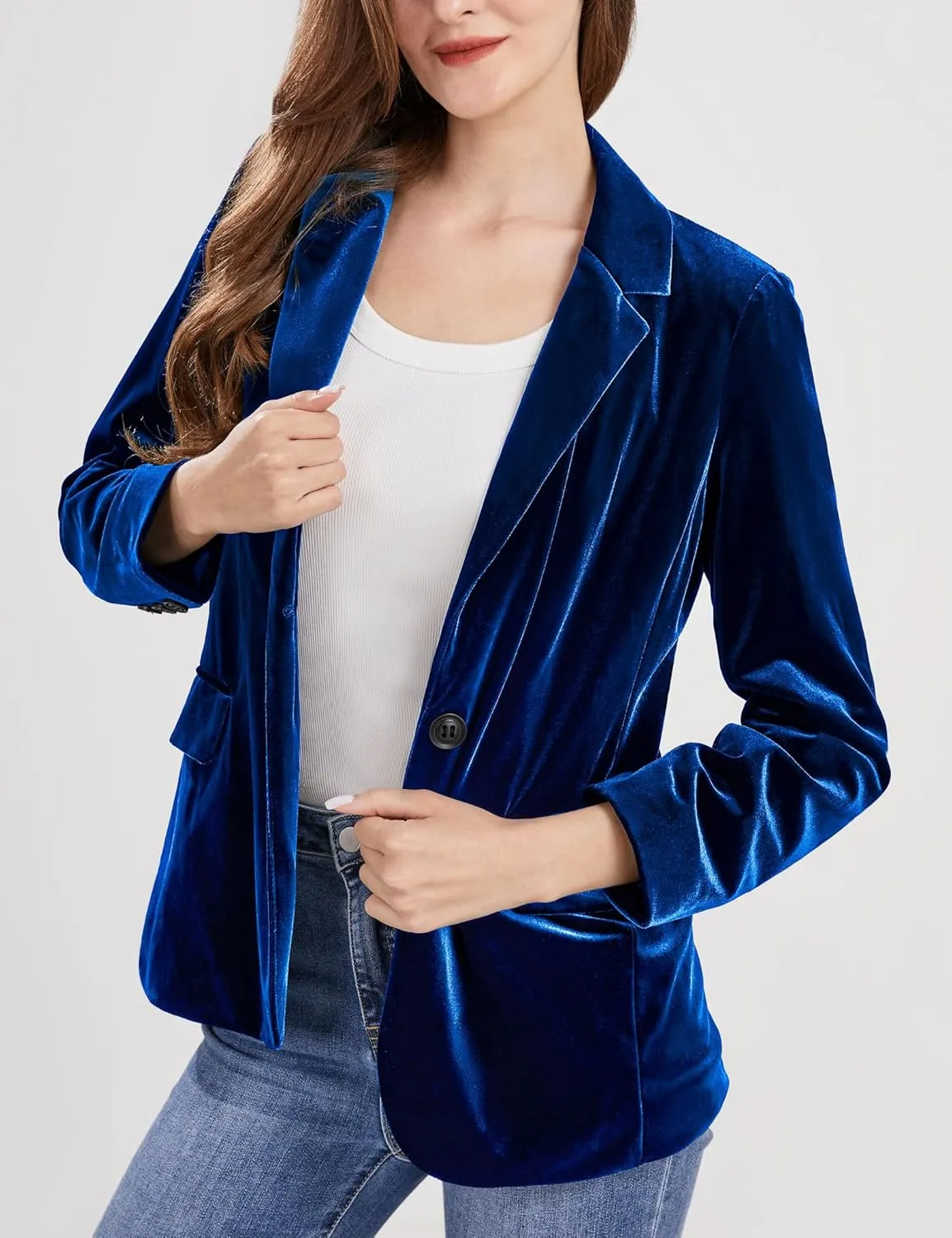 CHARTOU Women 1 Button Fitted Velvet Blazer Jacket Business Suit Jacket Work Office Notched Collar