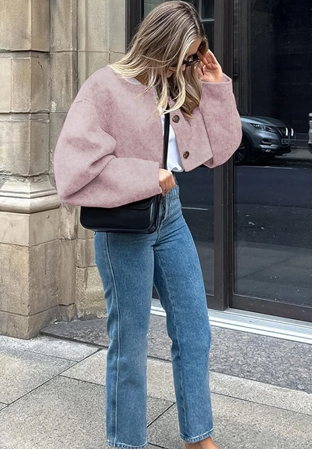 CHARTOU Women Cropped Wool Blend Pea Coat Short Jacket Peacoat Long Sleeve Button Down Crop Jacket