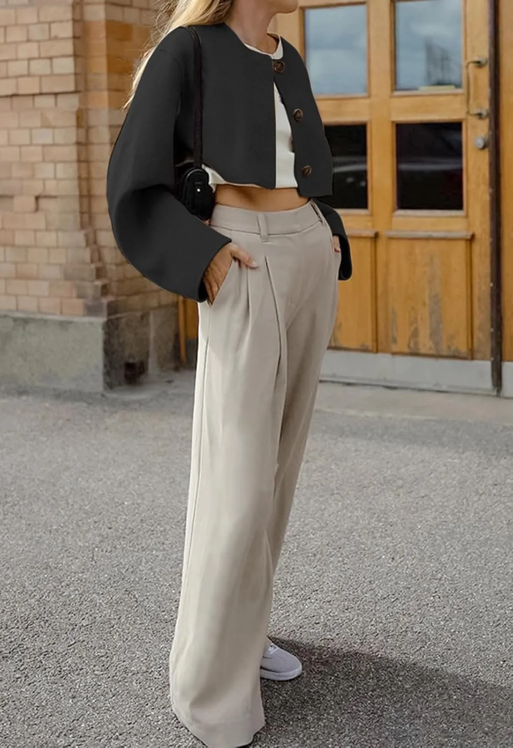 CHARTOU Women Cropped Wool Blend Pea Coat Short Jacket Peacoat Long Sleeve Button Down Crop Jacket