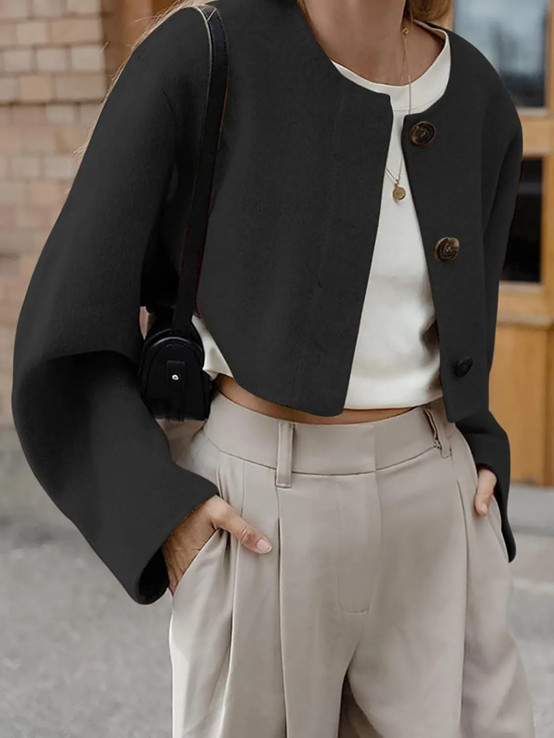 CHARTOU Women Cropped Wool Blend Pea Coat Short Jacket Peacoat Long Sleeve Button Down Crop Jacket